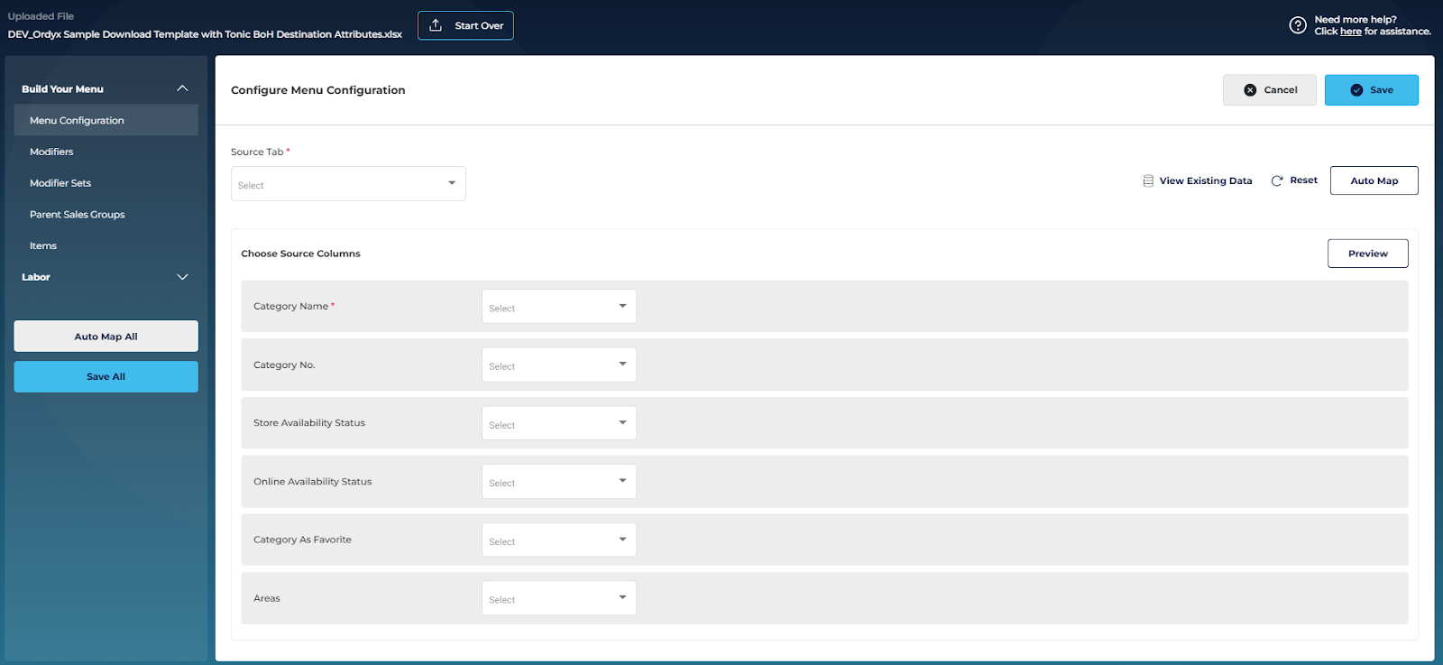 Bulk Upload - Add Menu Via Template